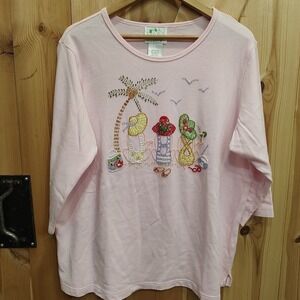 Quacker Factory Women Shirt Light Pink Beaded Size 1X Tropical Beach Friends